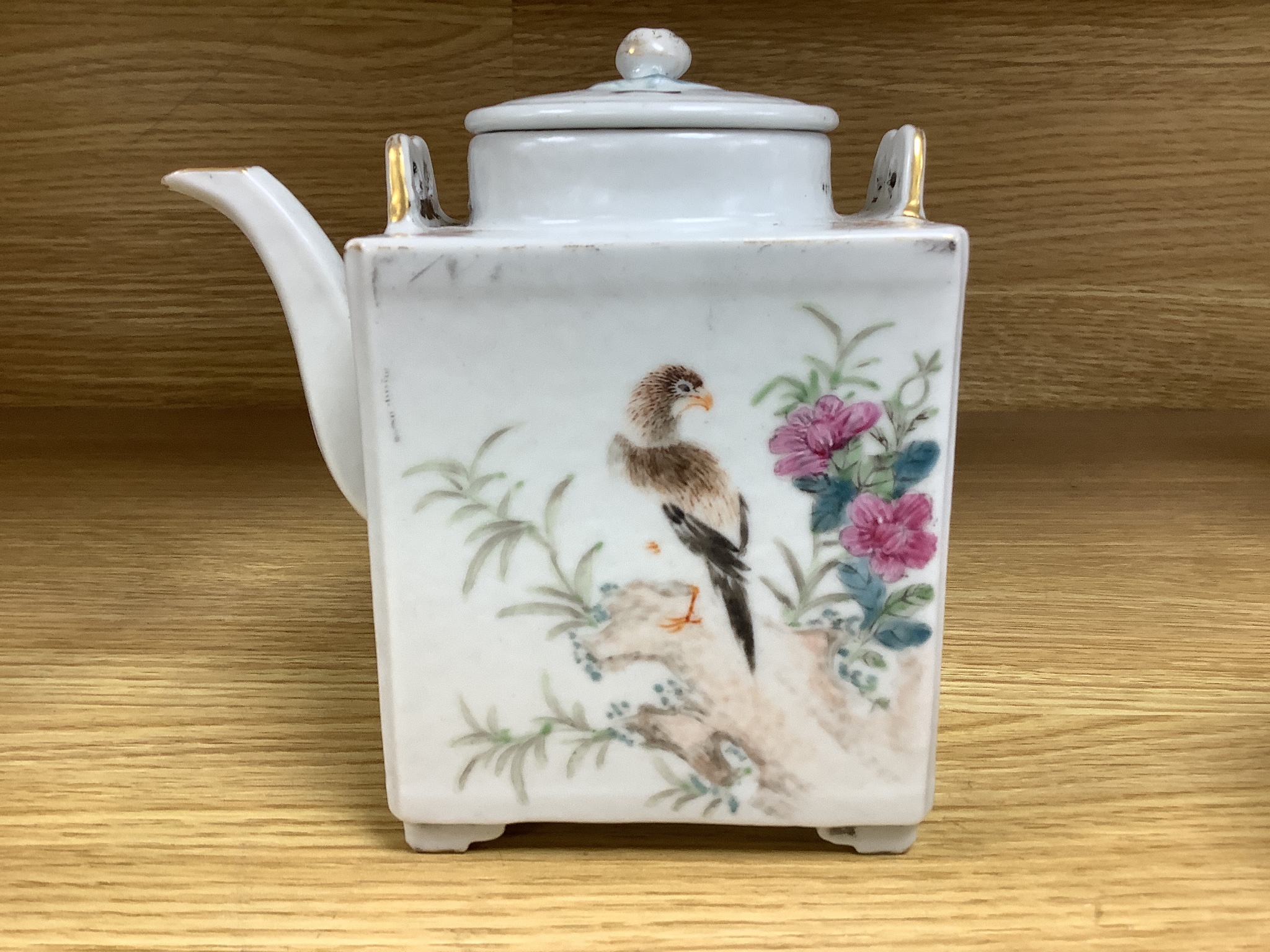 A Chinese enamelled porcelain square teapot and cover and a similar miniature teapot and cover, tallest 13cm